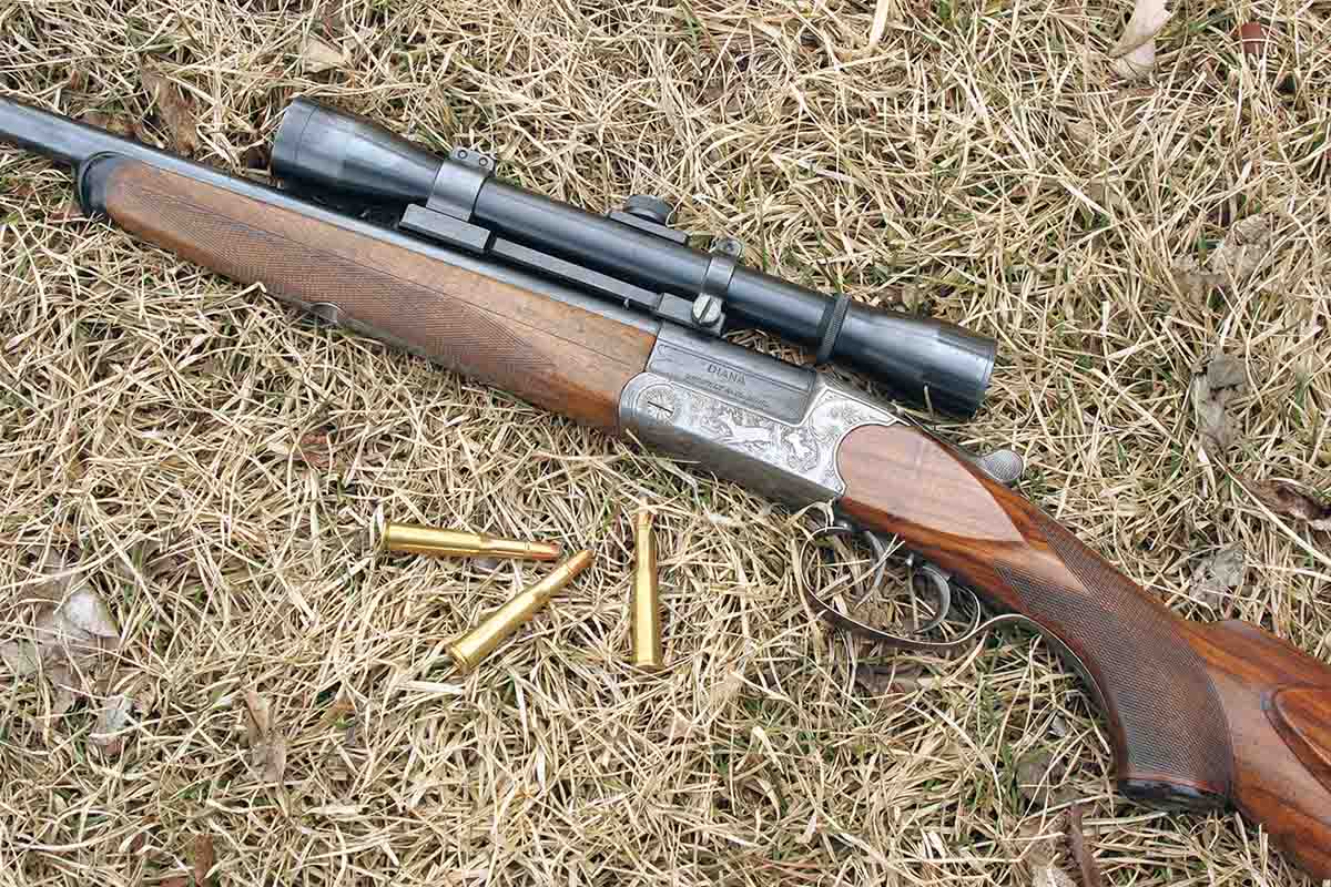 Two of Montana hunter Tim Crawford’s favorite Kipplaufs are a Greifelt 6.5x52R (left) and Sauer 8x57JR (right). He handloads slightly swaged-down Nosler 180-grain Ballistic Tips in the Sauer.